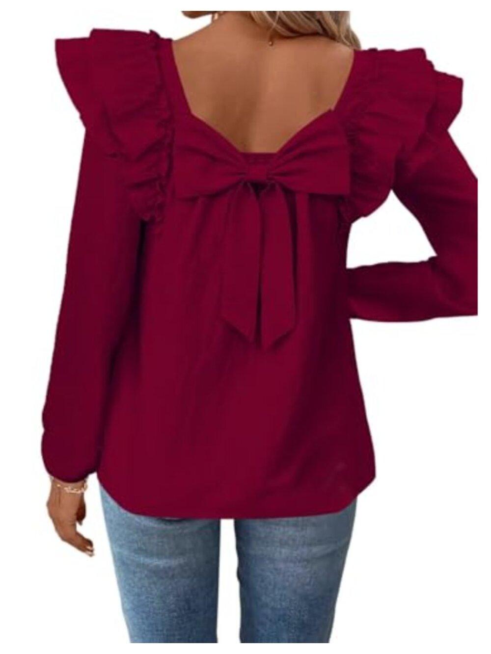 Womens Bow Tie Back Babydoll Square Neck Long Sleeve Blouse